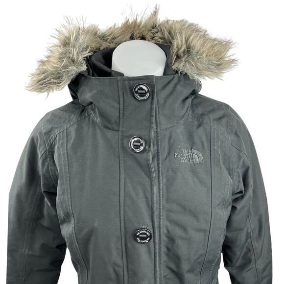 The North Face Tremaya Black Down Fur Hooded Button Down Parka Jacket Coat Sz XS - Picture 5 of 7